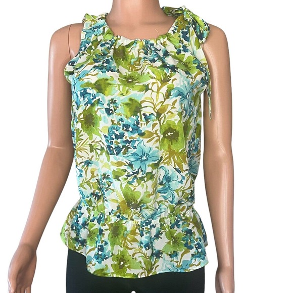 Ann Taylor Loft Shirt Womens XS Green Floral Elastic Scoop Neck Tie Sleeveless - Picture 1 of 9